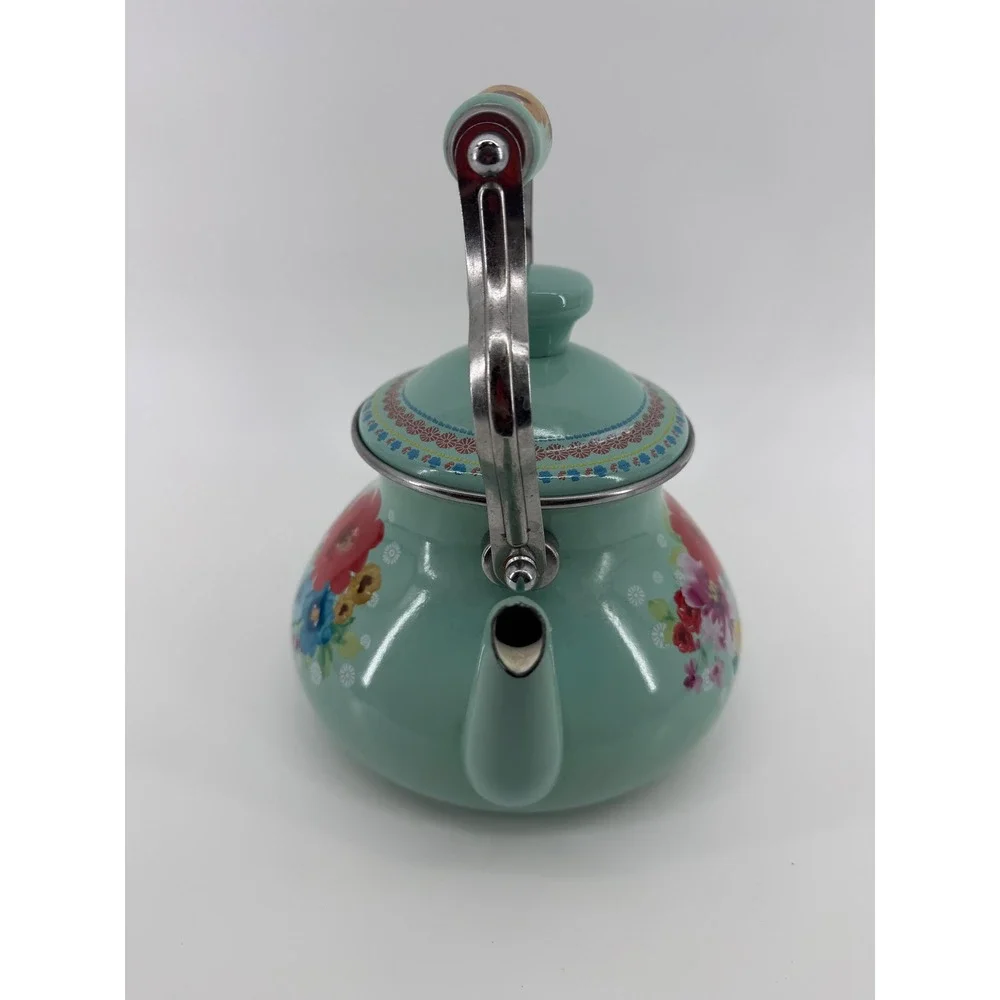 The Pioneer Woman Breezy Blossom Enamel on Steel Tea Kettle Mint Green Floral